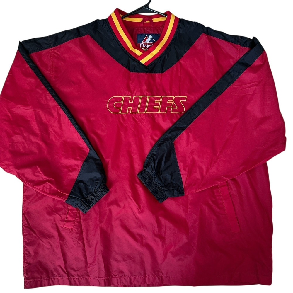 VTG Majestic‎ NFL Kansas City Chiefs Windbreaker V-Neck Pullover Men's 2XL Red